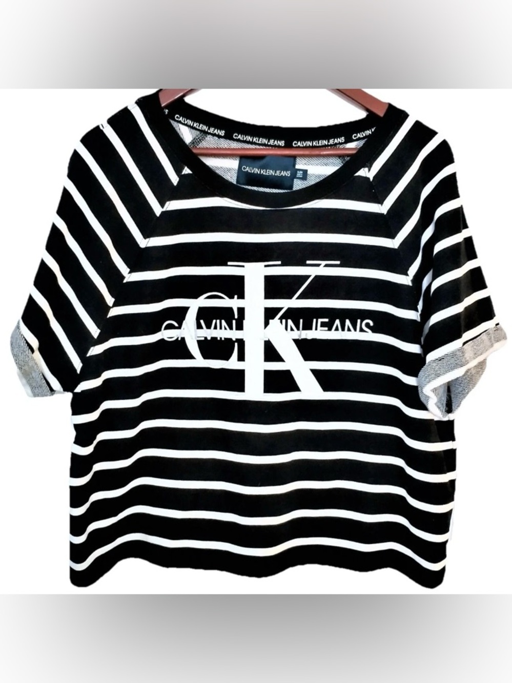 Calvin Klein Jeans Black & White Striped CK Logo Tee French Terry XL